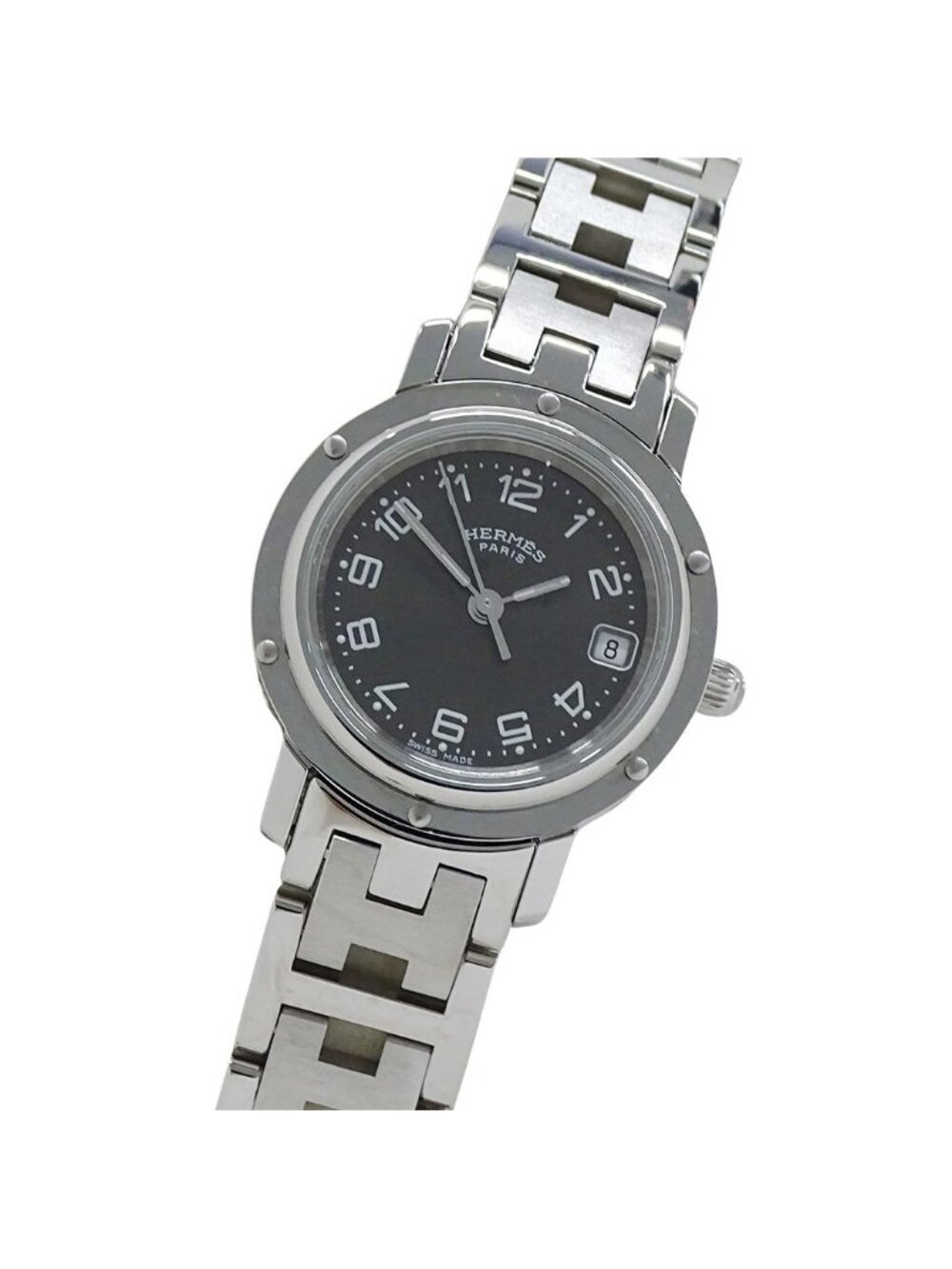 Hermes Watch Clipper Date Quartz Stainless Steel Silver Gray
